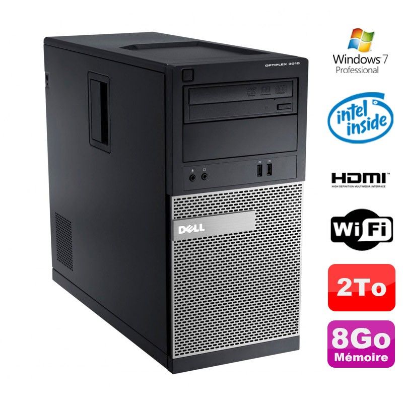 Dell Optiplex 3010 MT Desktop PC - Intel Pentium G2020, 8GB RAM, 2TB HDD, DVD Burner, HDMI, WiFi, Windows 7