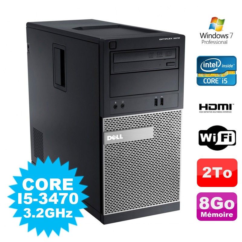 Dell Optiplex 3010 MT Desktop PC - Intel Core i5-3470, 8GB RAM, 2TB HDD, DVD Burner, HDMI, WiFi, Windows 7 Pro