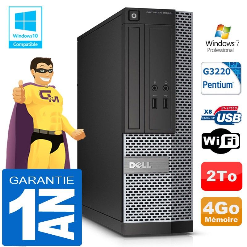 Dell 3020 SFF Desktop PC - Intel Pentium G3220, 4GB RAM, 2TB HDD, DVD Burner, WiFi, Windows 7 Pro