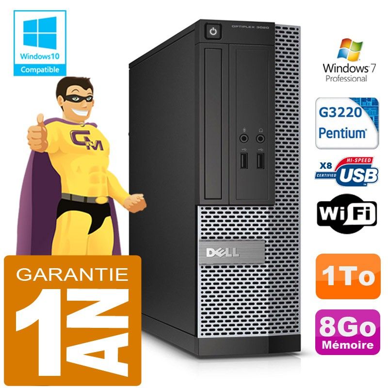 Dell 3020 SFF Desktop PC - Intel Pentium G3220, 8GB RAM, 1TB HDD, DVD Writer, WiFi, Windows 7 Pro