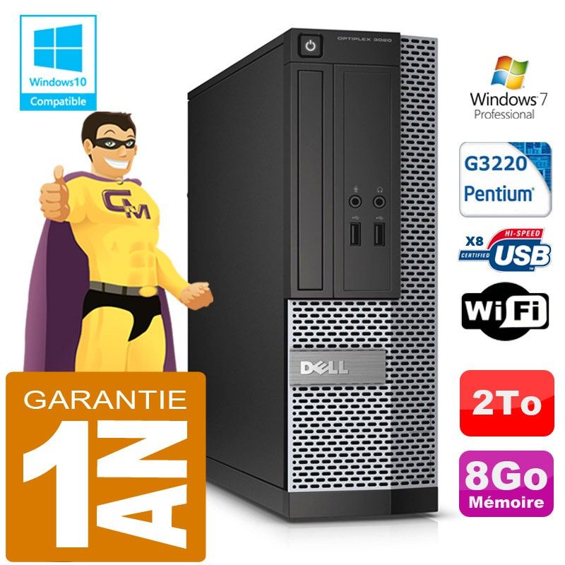 Dell 3020 SFF Desktop PC - Intel Pentium G3220, 8GB RAM, 2TB HDD, DVD Burner, WiFi