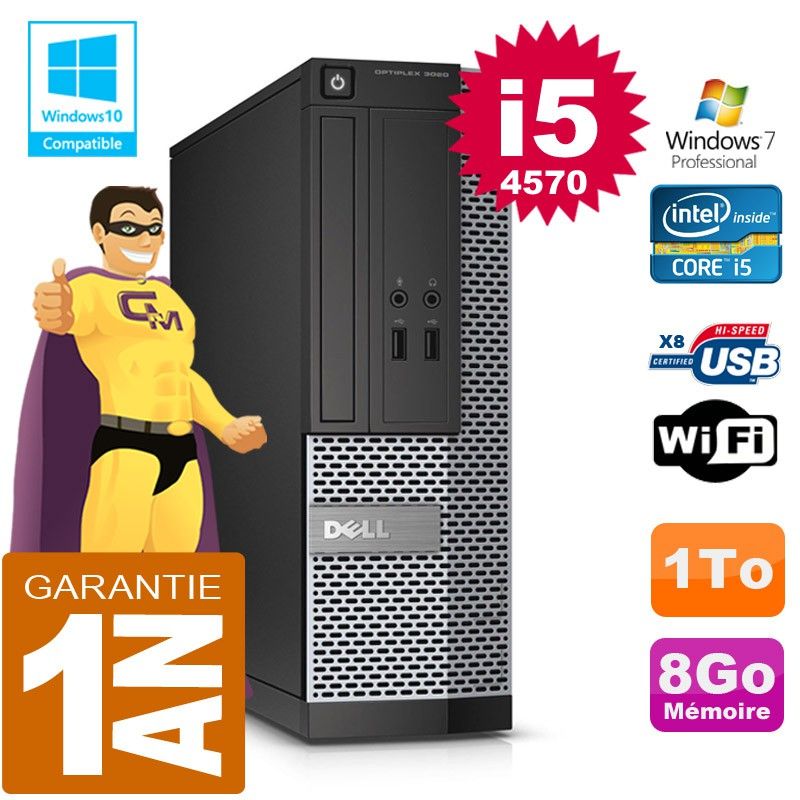 Ordinateur de bureau Dell 3020 SFF - Processeur Intel Core i5, 8 Go de RAM, 1 To HDD, Lecteur optique DVD, Wi-Fi, Windows 7 Pro