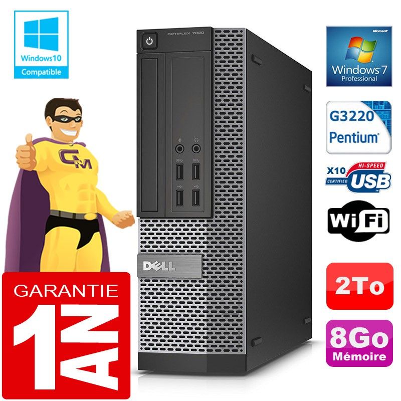 Dell 7020 SFF Desktop PC - Intel Pentium G3220, 8GB RAM, 2TB HDD, DVD Drive, WiFi, Windows 7 Pro