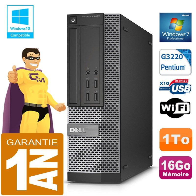 Dell 7020 SFF Desktop PC - Intel Core i3-3220, 16GB RAM, 1TB HDD, DVD Burner, WiFi, Windows 7 Pro