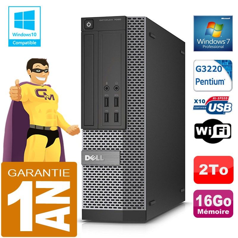 PC de escritorio Dell 7020 SFF - Procesador Intel Pentium G3220, 16 GB de RAM, 2 TB HDD, Grabadora de DVD, WiFi, Windows 7 Pro