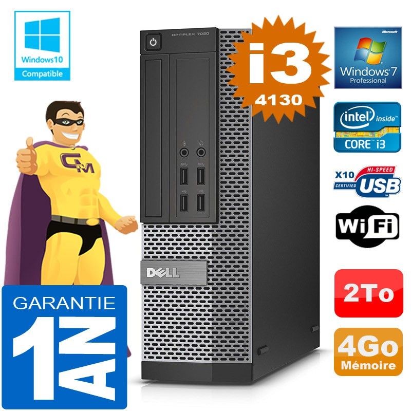 Dell 7020 SFF Desktop PC - Core i3-4130, 4GB RAM, 2TB HDD, DVD Burner, WiFi, Windows 7 Pro