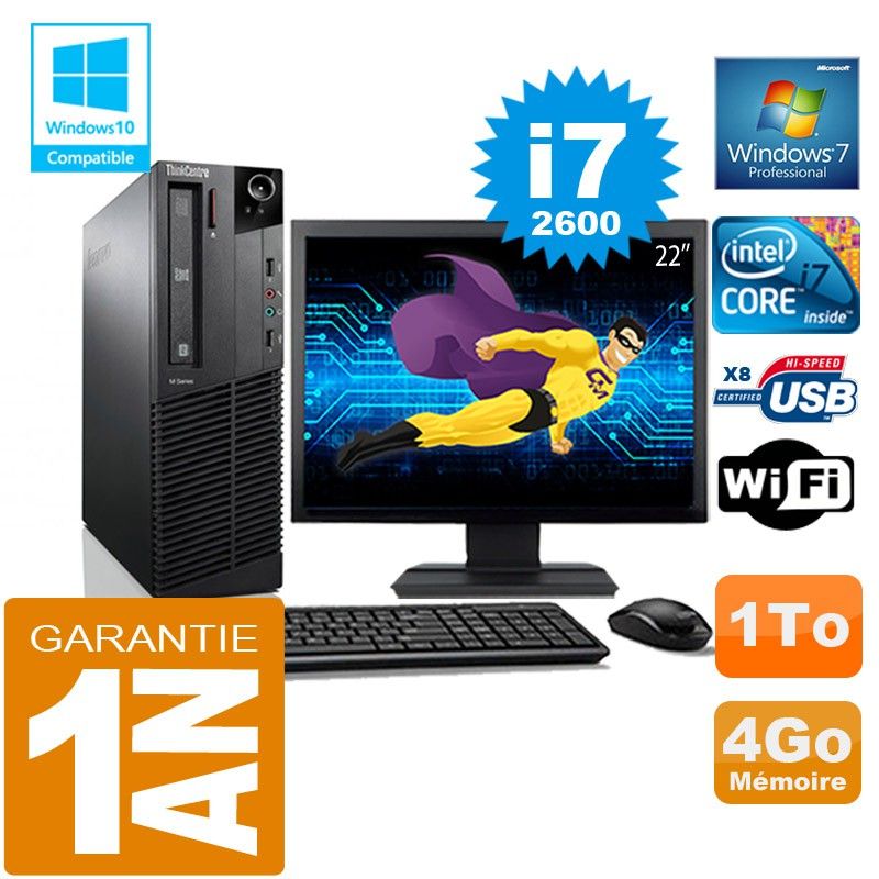 Lenovo M92p SFF con procesador Intel Core i7-2600, 4GB de RAM, 1TB HDD, WiFi, Windows 7 Pro y pantalla de 22'