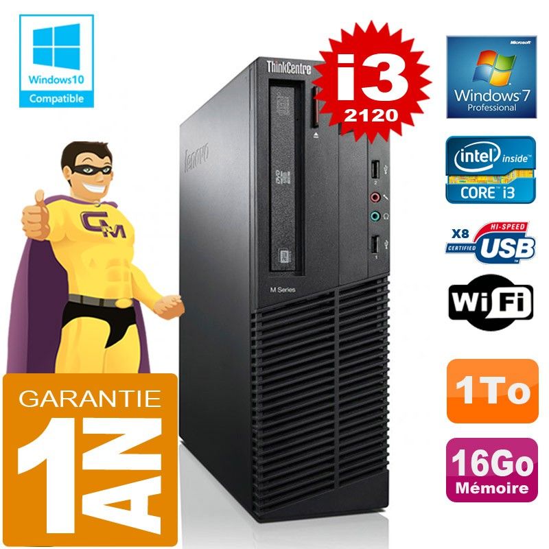 Ordinateur de bureau Lenovo M92p SFF avec processeur Core i3-2120, 16 Go de RAM, 1 To HDD, lecteur de DVD et Wi-Fi sous Windows 7