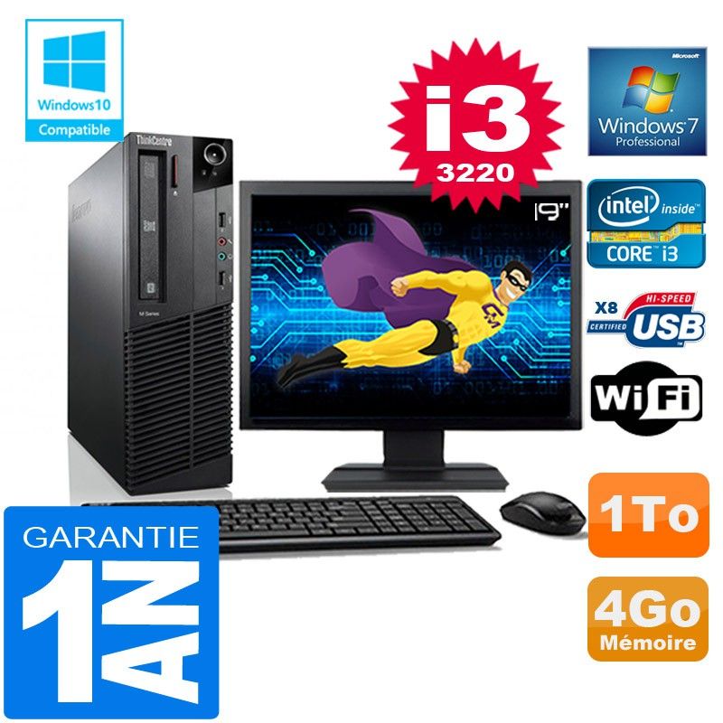 Lenovo M92p SFF Core i3-3220 4GB RAM 1TB HDD WiFi Windows 7 Pro 19" Screen PC