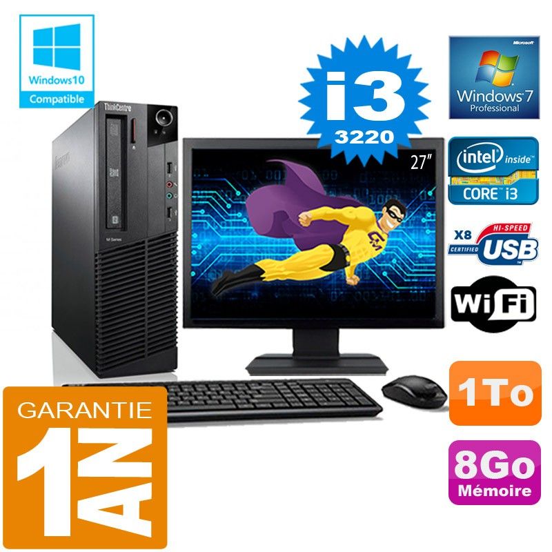 Lenovo M92p SFF Core i3-3220 8GB RAM 1TB HDD WiFi Windows 7 Pro 27" Screen