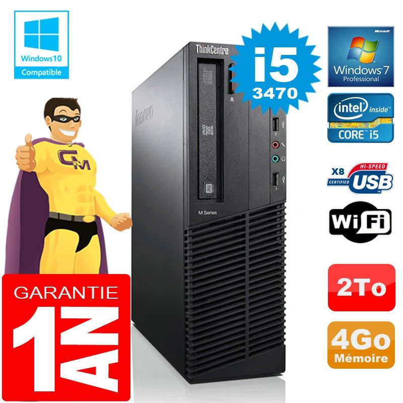 PC de escritorio Lenovo M92p SFF con procesador Intel Core i5-3470, 4GB de RAM, disco duro de 2TB, lector de DVD, WiFi y Windows 7 Pro