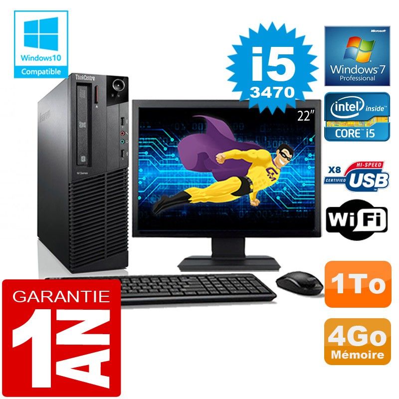 Lenovo M92p SFF con procesador Intel Core i5-3470, 4GB de RAM, 1TB HDD, WiFi, Windows 7 Pro, pantalla de 22 pulgadas