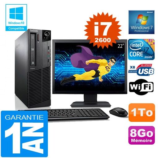 Centre de données Lenovo M92p SFF avec processeur Intel Core i7-2600, 8 Go de RAM, 1 To de disque dur, WiFi, Windows 7 Pro et écran 22"