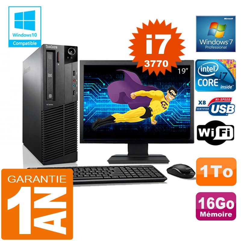 Lenovo M92p SFF Core i7-3770 16GB RAM 1TB HDD WiFi Windows 7 Pro 19" Screen