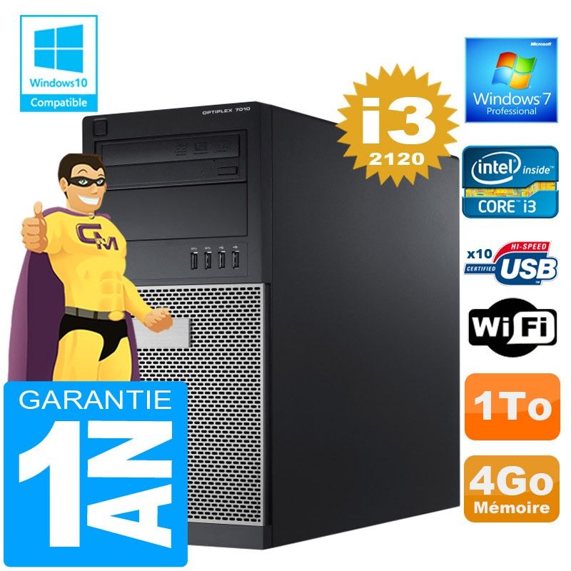 PC de torre Dell 7010 - Procesador Intel Core i3-2120, 4GB de RAM, 1TB HDD, WiFi, Windows 7 Pro