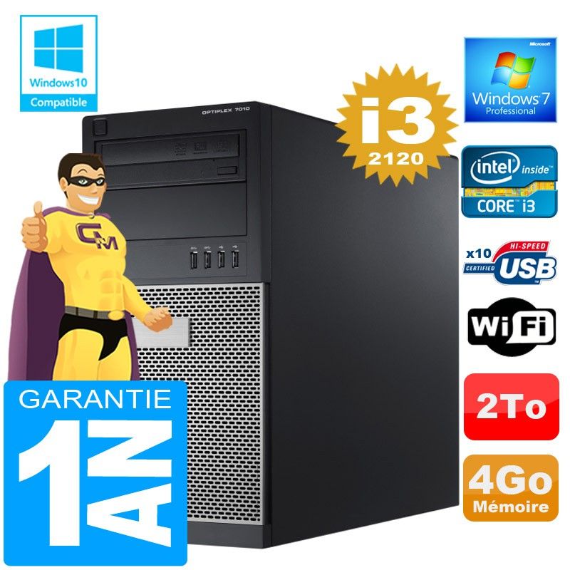 Dell 7010 Tower PC - Intel Core i3-2120, 4GB RAM, 2TB Hard Drive, WiFi, Windows 7 Pro