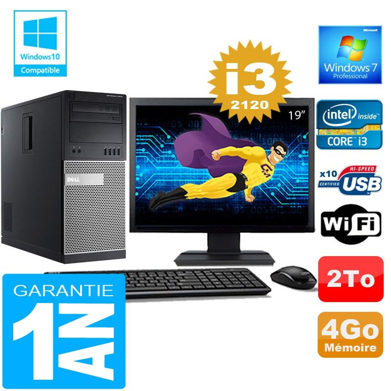Tour Dell 7010 Core i3-2120 3,3 GHz 4 Go de RAM 2 To HDD Wi-Fi Windows 7 Pro Écran 19 pouces