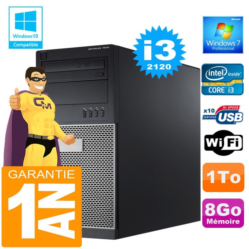 Dell 7010 MT Desktop Computer - Intel Core i3-2120, 8GB RAM, 1TB HDD, WiFi, Windows 7 Pro
