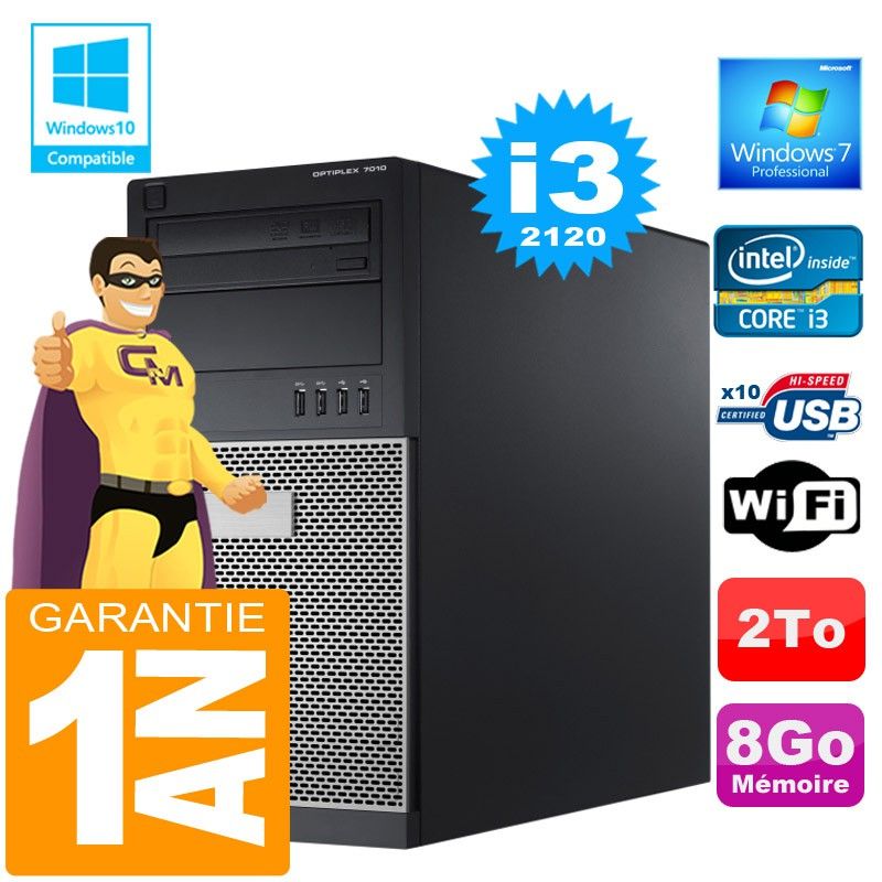 Dell 7010 Tower PC - Core i3-2120, 8GB RAM, 2TB HDD, WiFi, Windows 7 Pro