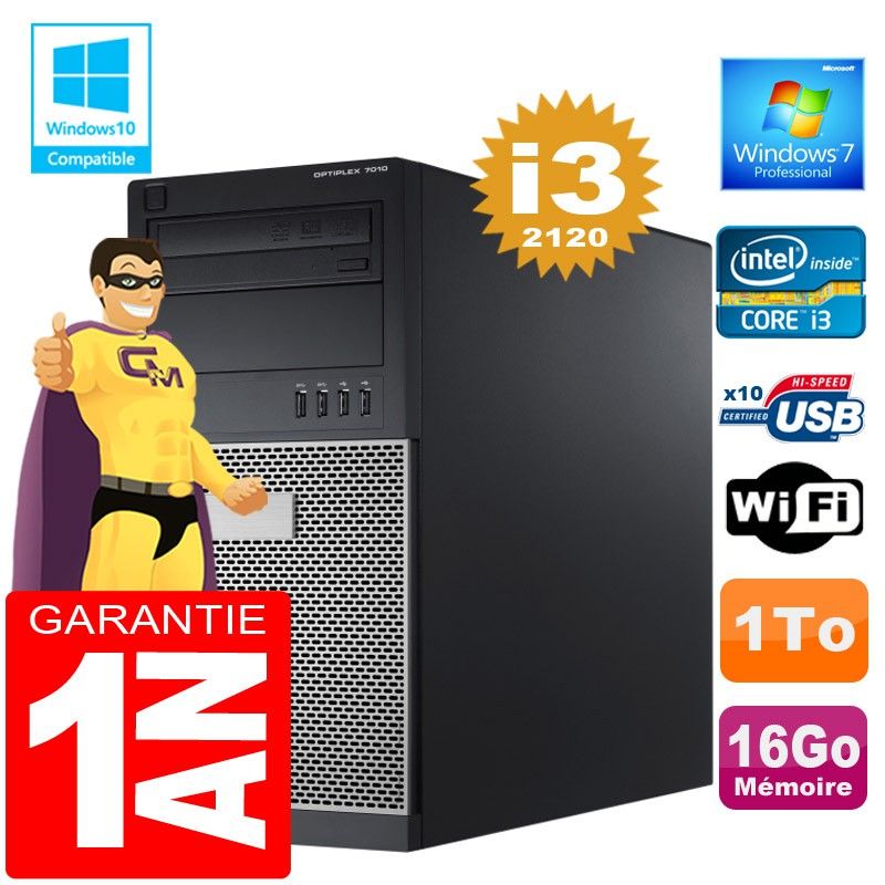 Dell 7010 MT Desktop PC - Core i3-2120, 16GB RAM, 1TB HDD, WiFi, Windows 7 Pro