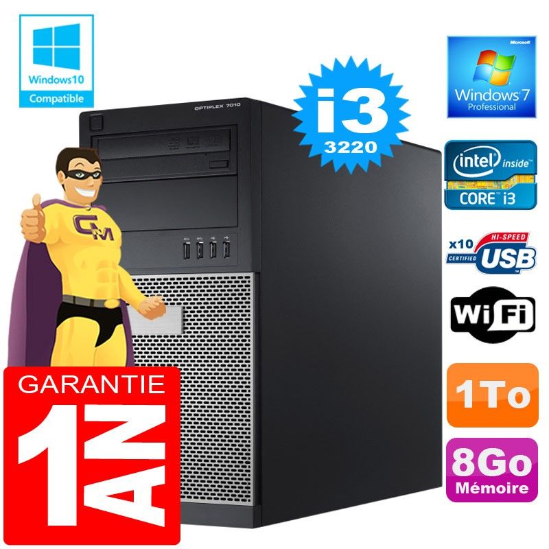 Dell 7010 MT Desktop PC - Intel Core i3-3220, 8GB RAM, 1TB HDD, DVD Drive, Windows 7 Pro