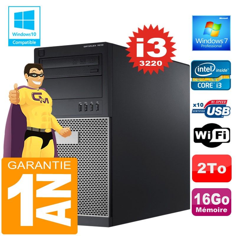 Dell 7010 MT Desktop Computer - Intel Core i3-3220, 16GB RAM, 2TB Hard Drive, DVD Burner, Windows 7 Pro
