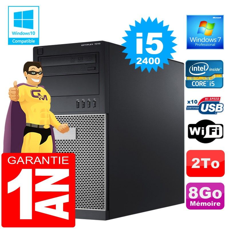PC de torre Dell 7010 - Procesador Intel Core i5-2400, 8 GB de RAM, 2 TB HDD, Grabadora de DVD, WiFi, Windows 7 Pro