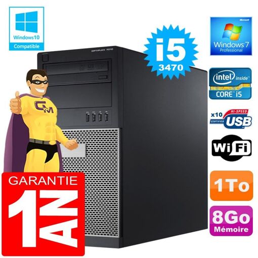 Dell 7010 MT Tower PC - Core i5-3470, 8GB RAM, 1TB HDD, DVD Drive, Wifi, Windows 7 Pro