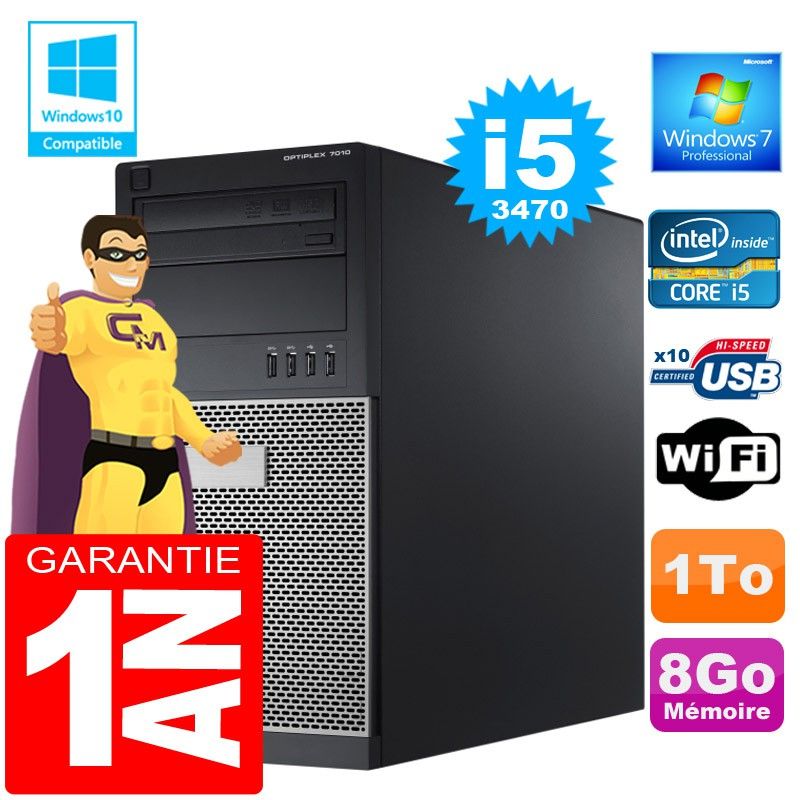 Dell 7010 MT Tower PC - Core i5-3470, 8GB RAM, 1TB HDD, DVD Drive, Wifi, Windows 7 Pro