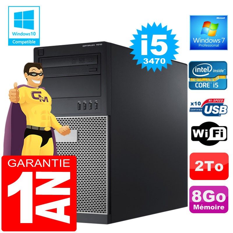 Dell 7010 MT Desktop PC - Core i5-3470, 8GB RAM, 2TB HDD, DVD Burner, WiFi, Windows 7 Pro