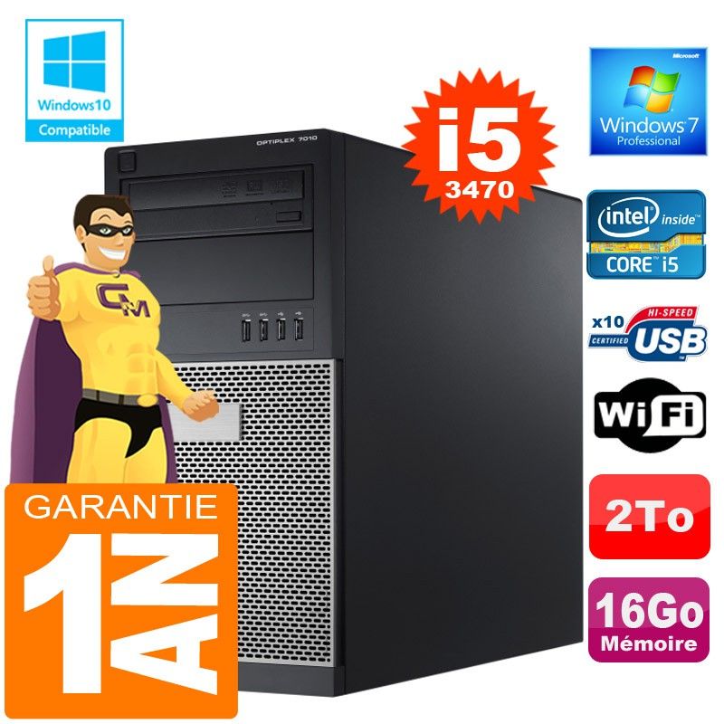 Dell 7010 MT Desktop PC - Intel Core i5-3470, 16GB RAM, 2TB Hard Drive, DVD Burner, WiFi, Windows 7 Pro