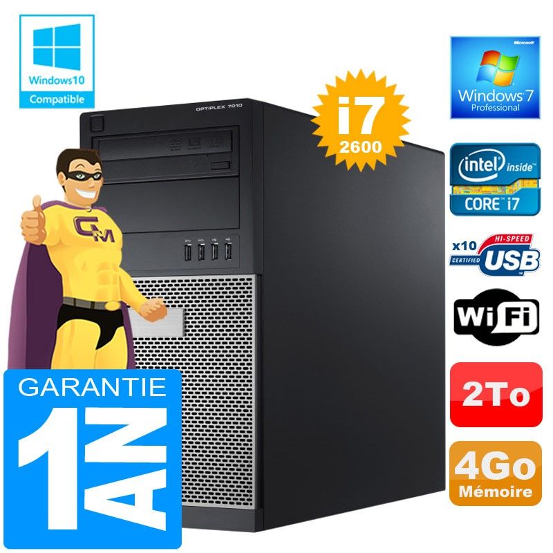 Dell 7010 MT Tower PC - Core i7-2600, 4GB RAM, 2TB HDD, DVD Burner, WiFi, Windows 7 Pro