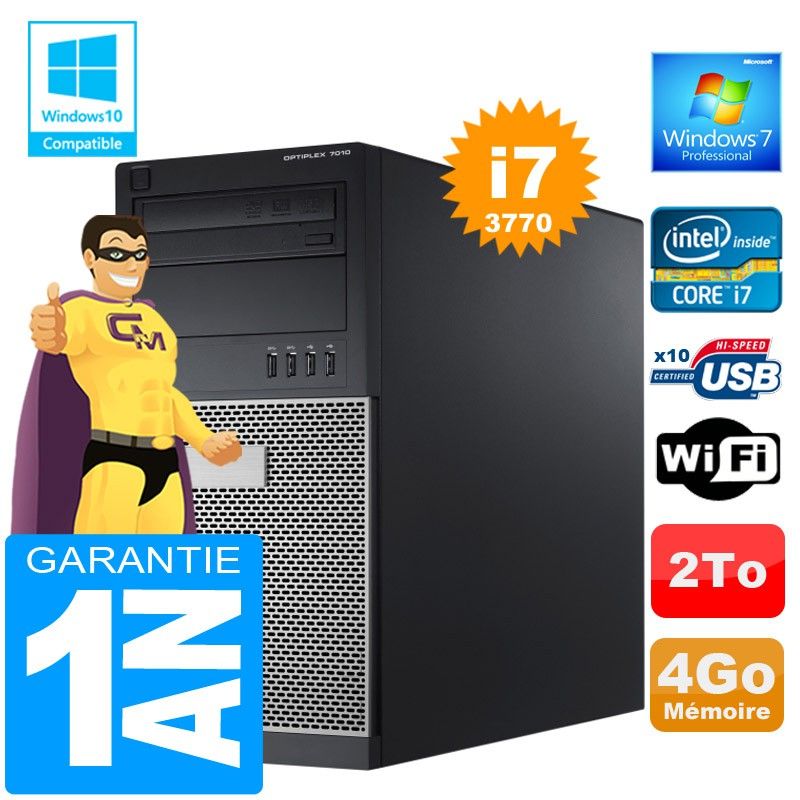 Dell 7010 MT Tower PC - Intel Core i7-3770, 4GB RAM, 2TB HDD, DVD Drive, WiFi, Windows 7 Pro