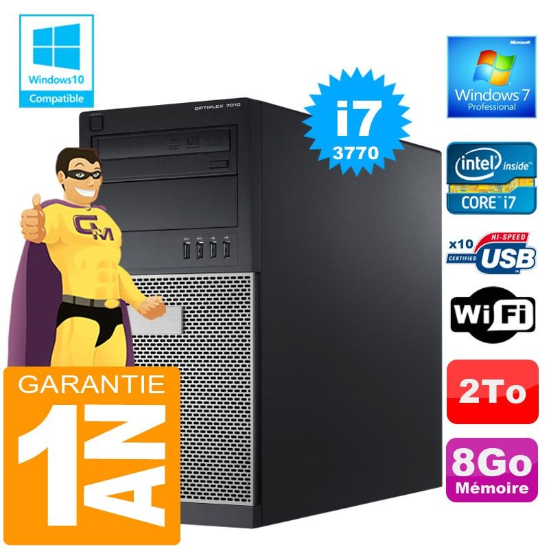 Dell 7010 MT (Tower) Core i7-3770 8GB RAM 2TB Hard Drive DVD Burner WiFi Windows 7 Pro