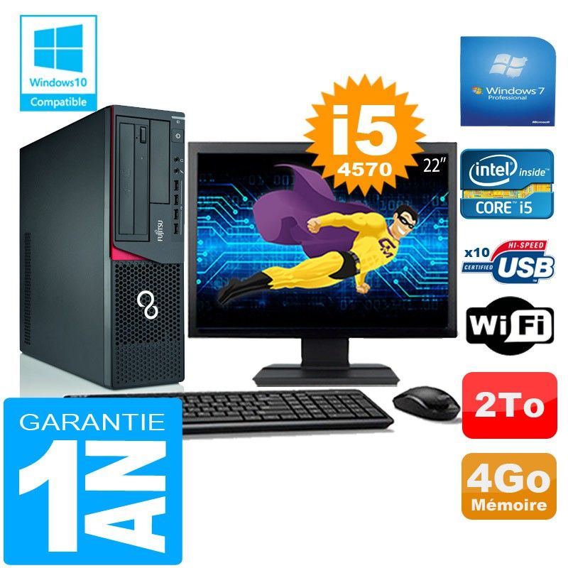PC de escritorio Fujitsu Esprimo E720 E85+ (Pequeño Formato) Intel Core i5-4570 4GB 2TB WiFi Windows 7 Pro Pantalla de 22"