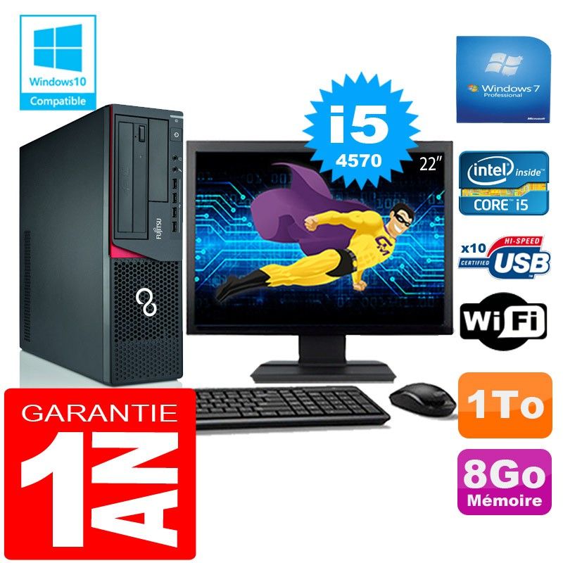 Ordinateur de bureau Fujitsu Esprimo E720 E85+ (Forme compacte) Core i5-4570 8 Go 1 To Wi-Fi Windows 7 Professionnel Écran 22"