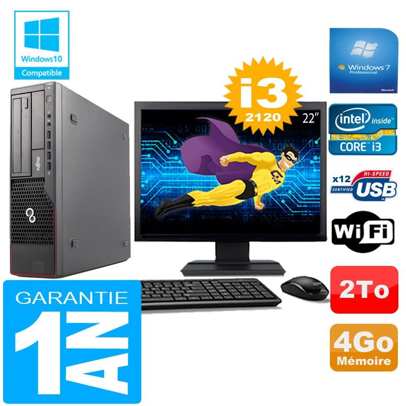 PC de escritorio Fujitsu Esprimo E700 E90+ (Factor de forma pequeña) Procesador Intel Core i3-2120 4GB 2TB WiFi Windows 7 Pro Pantalla de 22'