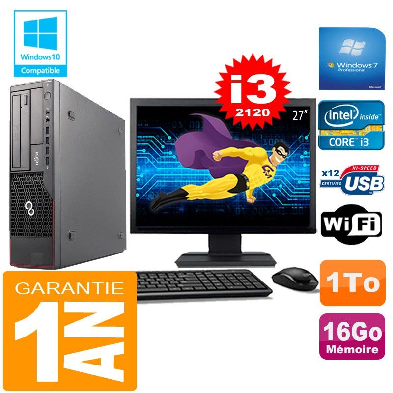 Fujitsu Esprimo E700 E90+ SFF Core i3-2120 16GB 1TB WiFi Windows 7 Pro 27" Monitor