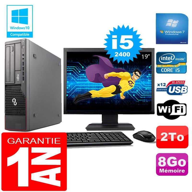 Ordinateur de bureau Fujitsu Esprimo E700 E90+ SFF, Intel Core i5-2400, 8 Go, 2 To, Wi-Fi, Windows 7 Professionnel, écran 19"