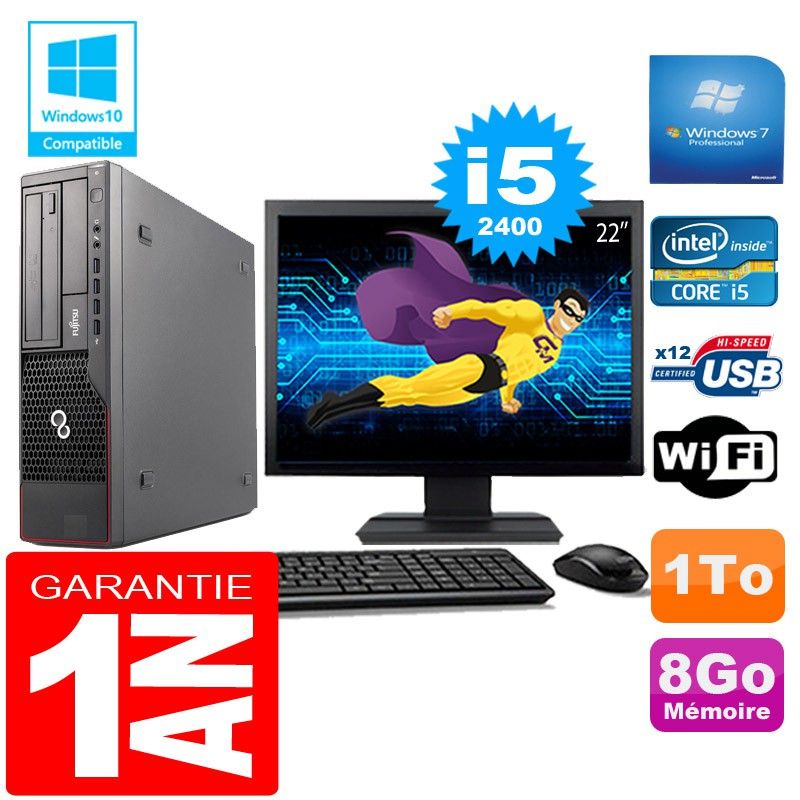 Fujitsu Esprimo E700 E90+ SFF Processeur Intel® Core i5-2400 - 3,10GHz - 4 cœurs - 8Go DDR3 - Disque dur 1To SATA - Ecran 22"