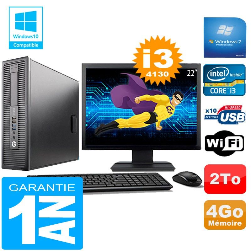 HP EliteDesk 800 G1 SFF Core i3-4130 4GB 2TB WiFi Windows 7 Pro 22" Monitor