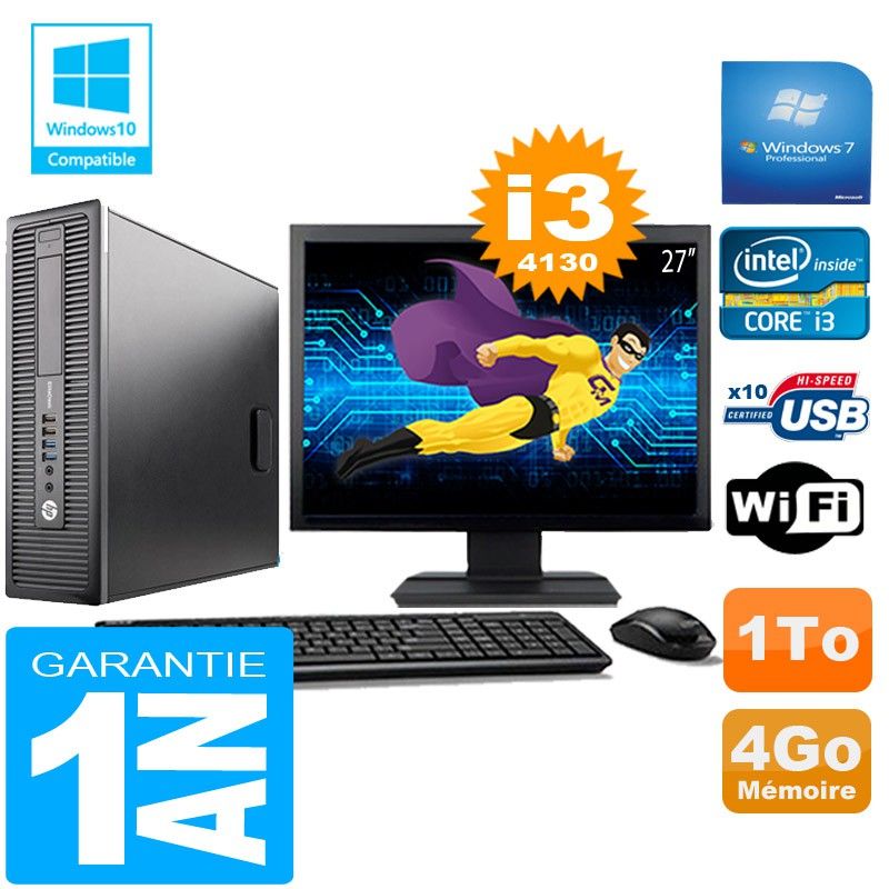 HP EliteDesk 800 G1 SFF Core i3-4130 4GB 1TB WiFi Windows 7 Pro 27" Monitor