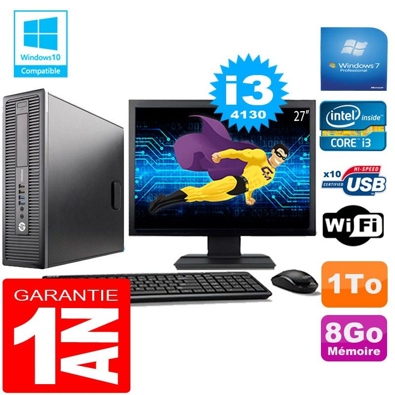 HP EliteDesk 800 G1 SFF Core i3-4130 8GB 1TB WiFi Windows 7 Pro 27" Monitor