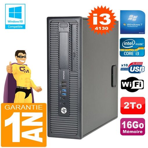 HP EliteDesk 800 G1 SFF, Intel Core i3-4130, 16 Go RAM, 2 To HDD, Lecteur DVD, WiFi, Windows 7 Pro