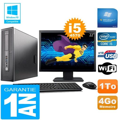 HP EliteDesk 800 G1 SFF Core i5-4570 4GB 1TB WiFi Windows 7 Pro 22" Monitor