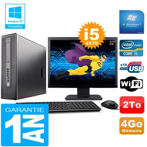 HP EliteDesk 800 G1 SFF, Processeur Intel Core i5-4570, 4 Go RAM, 2 To HDD, Wi-Fi, Windows 7 Pro, Écran 22"