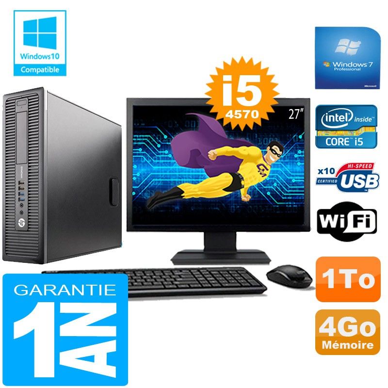 HP EliteDesk 800 G1 SFF Core i5-4570 4GB 1TB WiFi Windows 7 Pro 27" Monitor