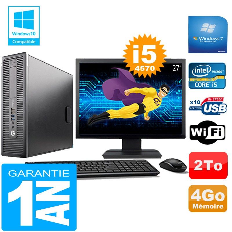 HP EliteDesk 800 G1 SFF Core i5-4570 4GB 2TB WiFi Windows 7 Pro 27" Monitor