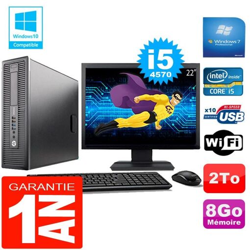 Ordinateur de bureau HP EliteDesk 800 G1 (Small Form Factor) Intel Core i5-4570 8 Go 2 To Wi-Fi Windows 7 Professionnel Écran 22"