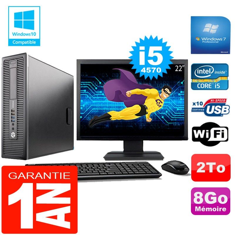 HP EliteDesk 800 G1 SFF Core i5-4570 8GB 2TB WiFi Windows 7 Pro 22" Monitor
